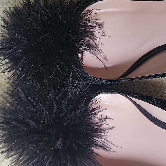 Kate Spade Black Glitter Heels With Feather Pom Pom Women Size‎ 6.5 - Picture 9 of 10